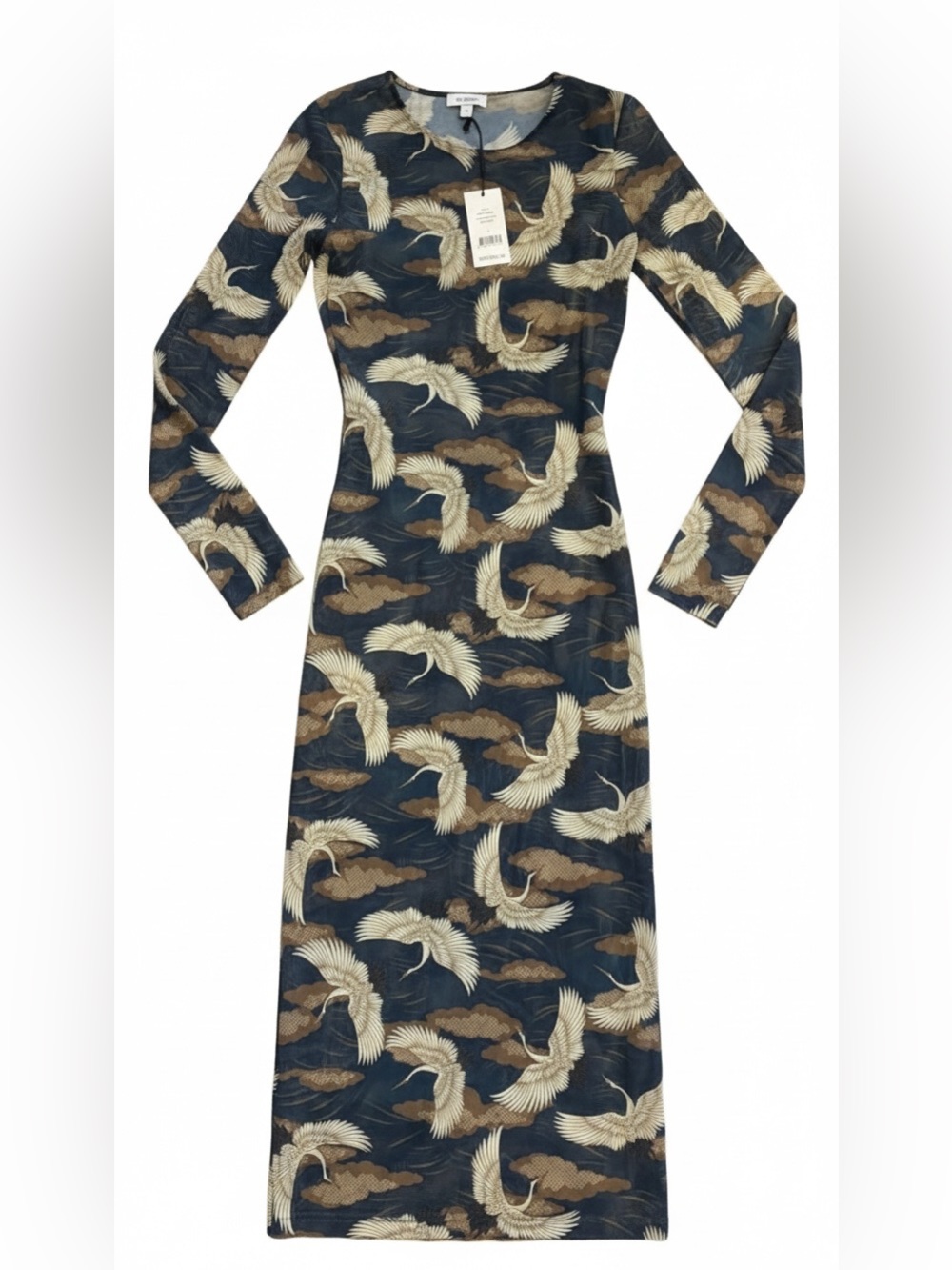 NWT Daya by Zendaya Mesh Midi Dress Crane Bird Print Long Sleeve Small